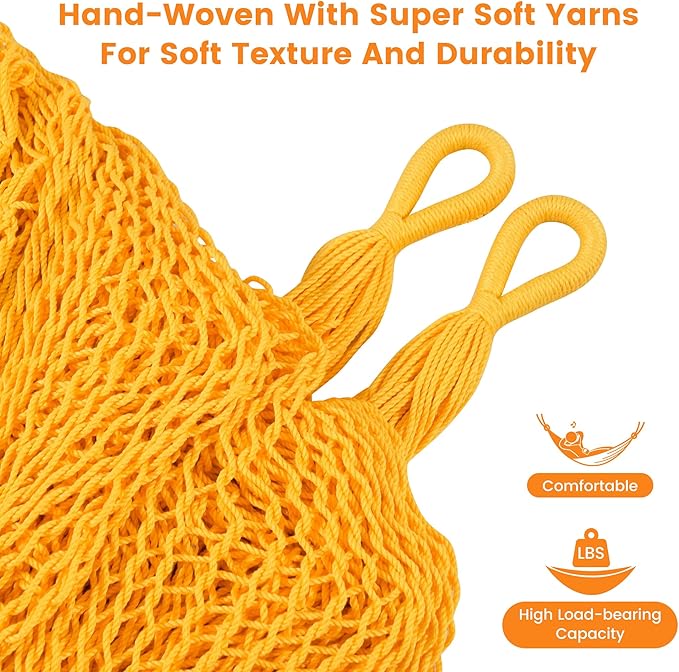 Lazy Daze Hammocks Handwoven Mayan Hammock, 10.5 FT Soft Rope Double Hammocks, Portable Outdoor Hammock with Carry Bag, 2 Straps & Carabiners for Patio Outside, 550 lbs Weight Capacity, Yellow