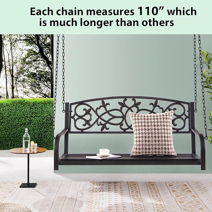 Giantex Patio Metal Porch Swing, 2-Person Hanging Porch Swing Bench with Sturdy Chains & Retro Pattern Backrest, 485 Lbs Weight Capacity Loveseat for Garden, Yard, Front, Outdoor Swing Chairs (Brown)