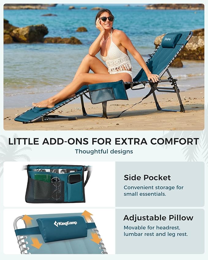 KingCamp Oversized Tanning Chair, Extra-Wide Padded Folding Chase Lounge Chairs Portable Adjustable 5-Position 400lbs Heavy Duty Lounger with Double-Layer Oxford for Outdoor Beach Patio Sun Pool