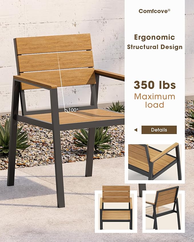 Outdoor Patio Dining Chairs Set of 2, Aluminum & HDPS All-Weather Dining Chairs for Deck, Lawn, Backyard, Pool (Gray & Teak)