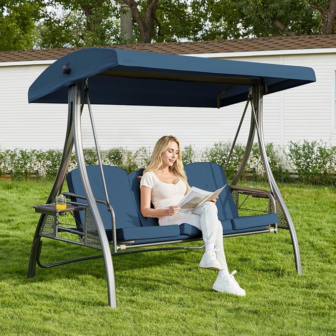 Upgrade 180° Convertible Outdoor Swing for Adults, Outdoor Porch Swing with Stand 800lb Bearing Capacity, 3-Seat Outdoor Swing with Canopy Adjustable, Thickened Cushions (Square, Blue)