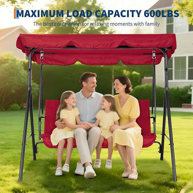 Porch Swing Chair with Adjustable Canopy for Adults 3-Seat Patio Glider Bench with Thick Cushions Steel Frame Outdoor Swing Chair for Backyard Lawn Garden Red
