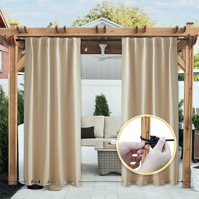 NICETOWN 2 Panels Weighted Blackout Cabana Curtains Outdoor Patio, W52 x L84 Windproof Top & Bottom Grommet & Back Tab, Thermal Heavyweight Drapes Keep Privacy for Yard/Porch, Biscotti Beige