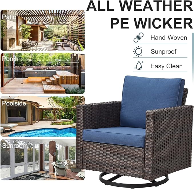 Belord 6 Piece Outdoor Furniture Patio Wicker Sofa Set, Oversize Outdoor Swivel Rocker Chairs with Rattan Ottomans, Conversation Sets Patio Furniture Come with Removable Washable Cushion Blue, Brown