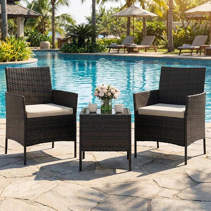 GAOMON 3-Piece Patio Furniture Set, Modern PE Rattan Conversation Set with 2 Chairs & Tempered Glass Coffee Table, All-Weather Outdoor Seating for Garden, Porch, Balcony, Poolside, Brown/Cream