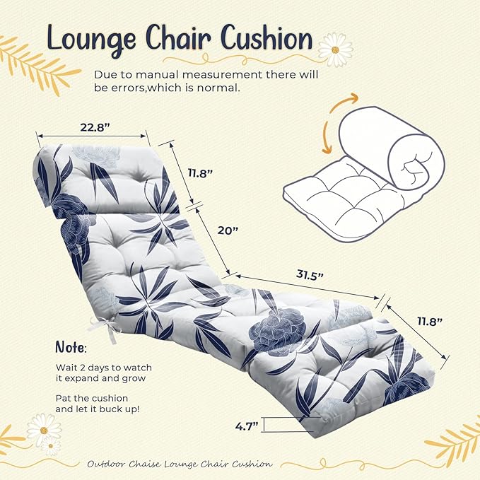 Outdoor Chaise Lounge Chair Cushion 75.1 x 22.8 x 4.7 Inches 100% Waterproof Replacement Cotton Patio Pool Lounge Chair Cushion for Outdoor Furniture with Ties, Blue Enchantress