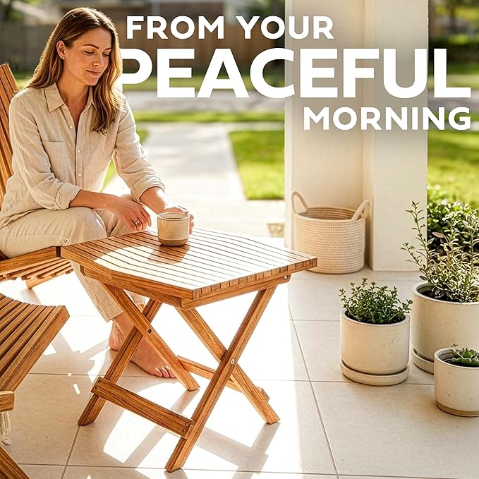 Melino Wooden Folding Outdoor Side Table 18x16x16 in, FSC Certified Acacia Wood Weatherproof Small Table for Patio, Porch, Pool, Backyard, Garden, Balcony & Deck - Natural