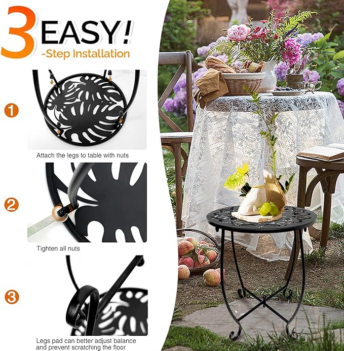Fashion&cool Patio Side Tables, 14 Inch Weather Resistant Metal Outdoor Side Table for Halloween, Round End Table Side Table for Patio Yard Porch Balcony Garden Bedside, Plant Stand (Black)