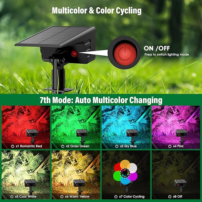 Solar Spot Lights Outdoor with 7 Lighting Modes RGB, 4 Pack Solar Color Changing Lights IP68 with 29 LED & Auto On/Off, Multicolor Outdoor Lights for Outside, Garden, Yard(Multicolor)