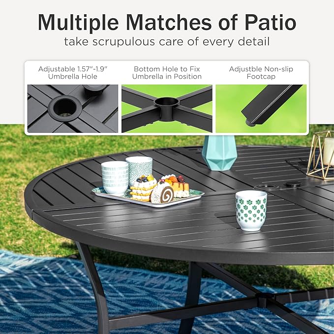 PHI VILLA 7 Pieces Outdoor Dining Set for 6, 54" Round Black Metal Table with Umbrella Hole & Wrought Iron Chairs, Large Outside Furniture with Red Cushions & Pillows for Patio, Deck, Porch