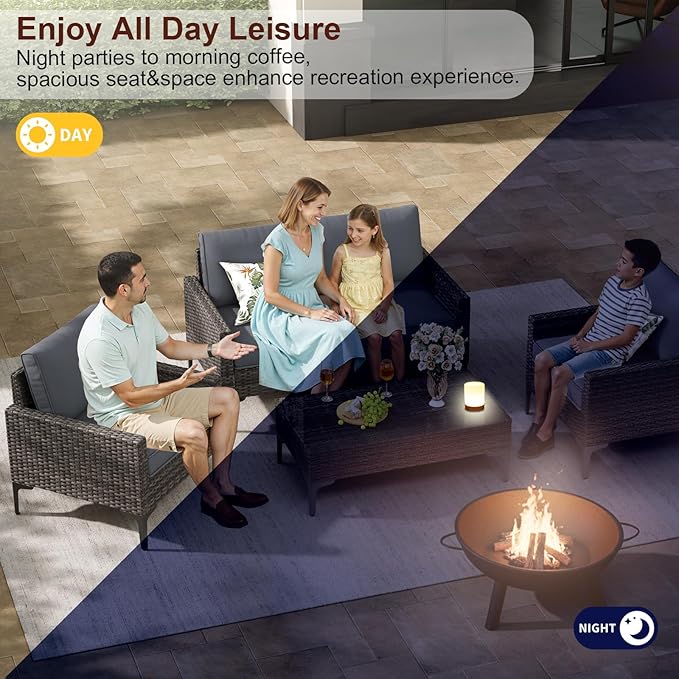 4-Piece Patio Furniture Set,Outdoor Wicker Patio Conversation Set with Tempered Glass Table,All-Weather Rattan Sectional Loveseat&Chairs with Thick Cushions for Garden,Deck,Backyard-Grey