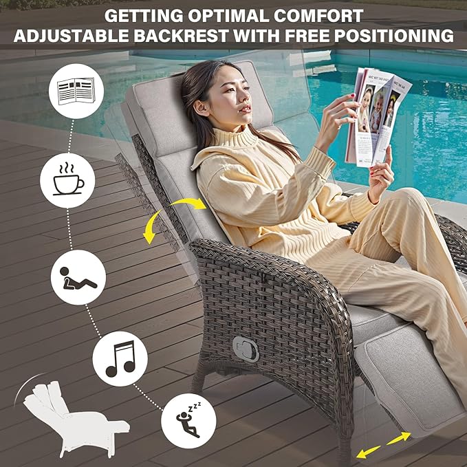 Belord Versatile Outdoor Recliner Chair Set of 3 - Reclining Patio Chair with Adjustable Backrest and Footrest, All-Weather Wicker Chaise Lounge Chair Outdoor with Side Table for Pool Deck Brown