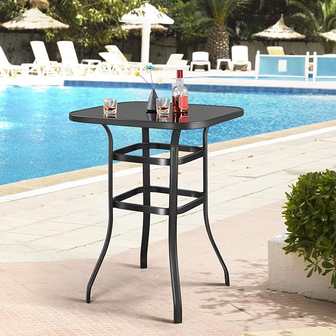 Yaheetech Patio Bar Table Tempered Glass, Height High Top Outdoor Pub Height Bistro Square Glass Side Table for Balcony Backyard Poolside, Black