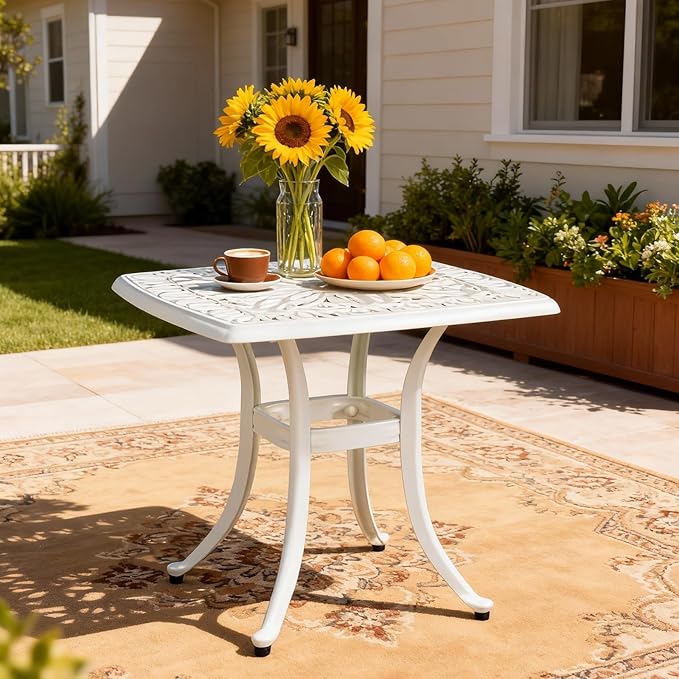 VINGLI 21” Cast Aluminum Outdoor Side Table with 1.6” Umbrella Hole, All Weather Square Patio Coffee Table Bistro Table End Table for Yard Porch Poolside(White)…