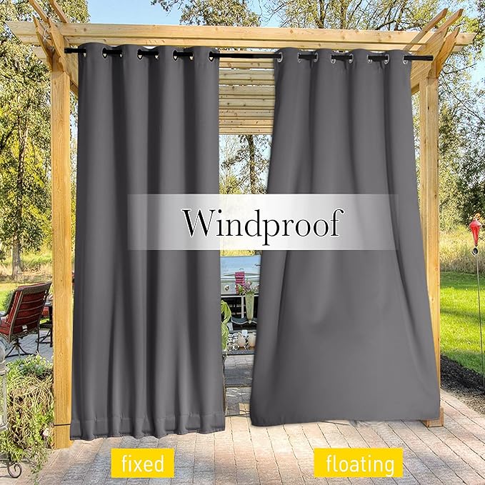 NICETOWN 2 Panels Weighted Blackout Curtains for Patio Waterproof, Top & Bottom Grommet & Back Tab Fixed Outdoor Curtains Windproof Drapes Thermal Insulated for Porch, W66 x L84, Grey