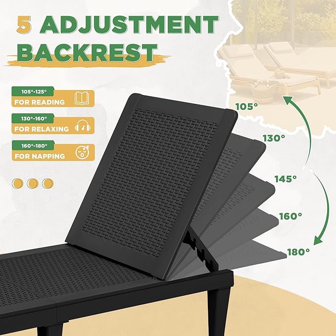 Greesum Outdoor Chaise Lounge Chairs Set of 4 with 5-Position Adjustable Backrest, Waterproof PP Sun Chaise Loungers for Garden Pool Beach Patio Deck Sunbathing, Black