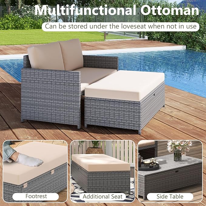 Tangkula Outdoor Rattan Daybed, Wicker Loveseat & 31 Gallon Storage Ottoman w/Soft Cushions, Space-Saving 2-Person Sun Lounger Daybed for Backyard, Porch (Beige)