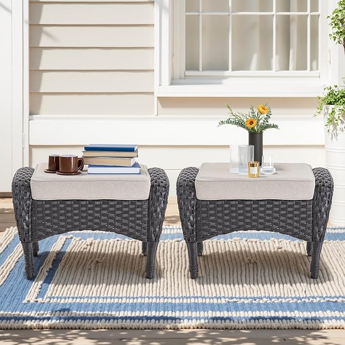 Belord Outdoor Ottomans for Patio Foot Rest - 25 Inch PE Wicker Foot Stool Set of 2 with Removable Cushions for Patio Furniture Sets,All Weather Rattan Ottoman for Balcony Deck Backyard Black