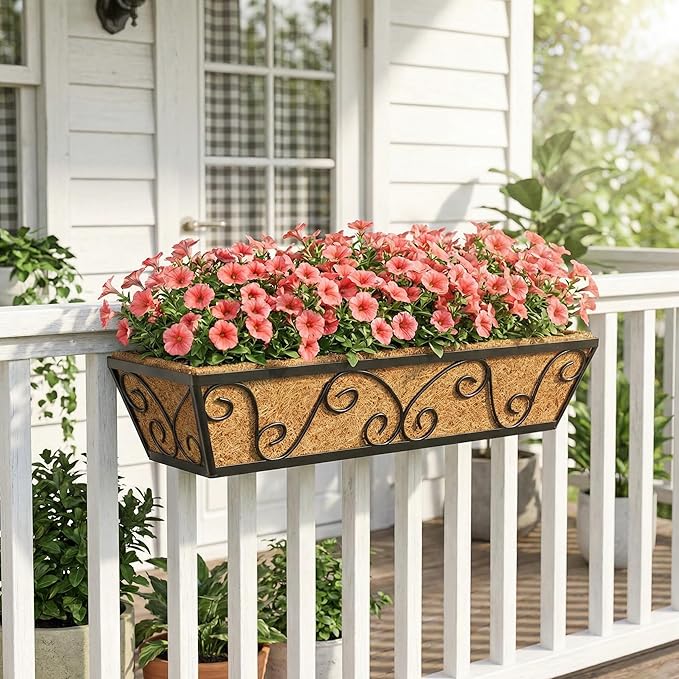 Y&M 24 Inch Window Deck with Coco Liner, Fence Metal Hanging Flower Planter Window Basket Deck Railing Planter Boxes for Outdoor Garden Lawn-Butterfly, 6pcs
