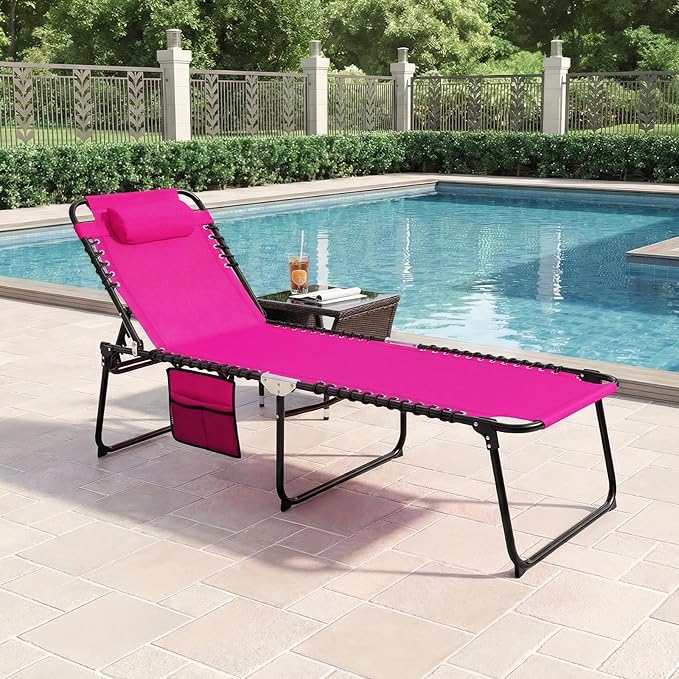 GYMAX Lounge Chairs for Outside, Extra High Folding Beach Tanning Lounger with 4-Level Adjustable Backrest, 2-Level Footrest & Removable Pillow, Sunbathing Lounge for Patio, Lawn, Poolside (2, Pink)