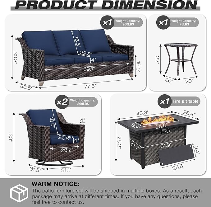 Joyside Wicker Patio Furniture Sets, 5 Pieces Upgraded Large Size Outdoor Furniture with Swivel Rocking Patio Chairs, 3-Seat Sofa, Fire Table, Coffee Table, Thick Cushions, Wide Armrest, Blue