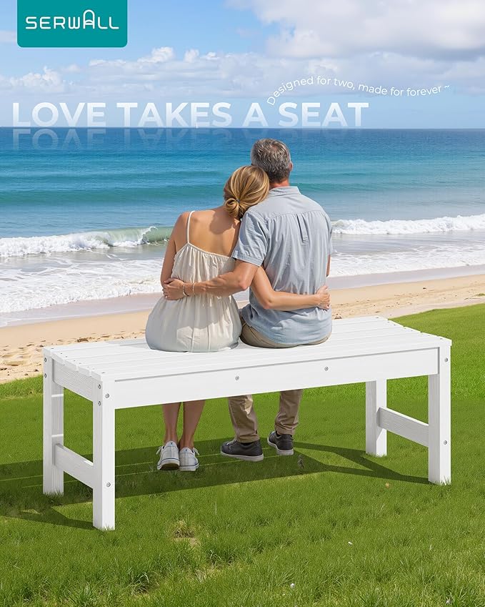 SERWALL 47 Inches Outdoor Bench, All Weather HDPE Backless Bench with Wood Grain Texture for Garden Porch and Park, Curved Bench Seat for Comfort, White