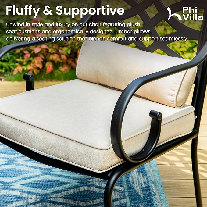 PHI VILLA 5 Pieces Outdoor Dining Set for 4, 42" Round Black Metal Table with Umbrella Hole & Wrought Iron Chairs, Rustproof Large Outside Furniture with Cushions & Pillows for Patio, Deck, Porch