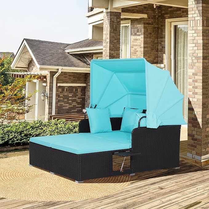 ORALNER Outdoor Daybed, 2-Person Wicker Patio Sofa with Retractable Canopy, Cushions & Pillows, 2 Side Trays, PE Rattan Double Sunbed Lounger for Deck Poolside Backyard Garden Balcony (Turquoise)