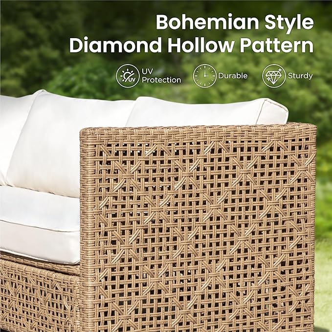 PHI VILLA Wicker Patio Furniture Set, Outdoor Sectional Couch with Cushions and Acacia Wood Coffee Table, U-Shaped Patio Conversation Set for Deck or Porch, 6 Seats, Beige