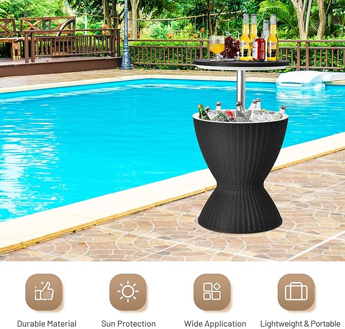 Tangkula Outdoor Cool Bar Table, Rattan Patio 8 Gallon Beer and Wine Cooler, All-Weather Ice Bucket w/Height Adjustable Top, Drainage Plug, 3-in-1 Cocktail Coffee Table for Party, Picnic (Black)