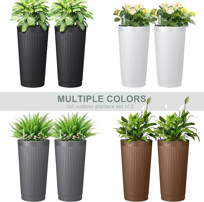 Self Watering Tall Black Planters Outdoor Set of 2, 24” Flower Pots Planters for Outdoor Plants, Modern Plastic Tall Planter for Front Porch, with Drainage Hole (Ribbed)