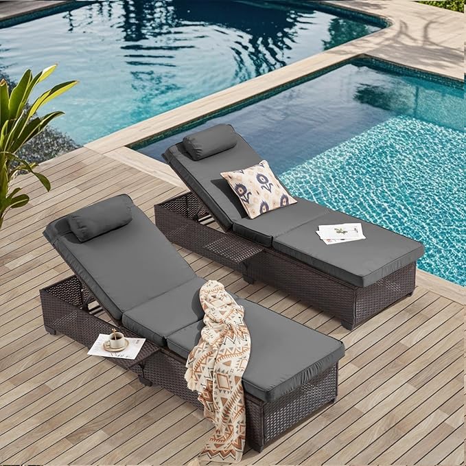 Outdoor Lounge Chairs, Pool Lounge Chairs Set of 2, Outdoor Chaise Lounge with Adjustable Backrest & Cup Holder,Grey Cushiom