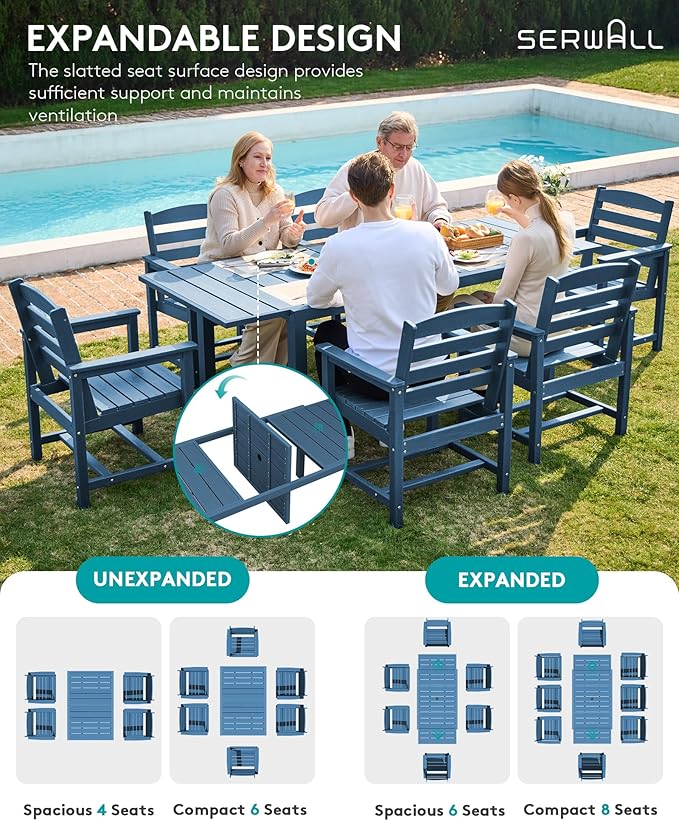 SERWALL Outdoor Expandable Dining Table 60" - 83", Patio Dining Table for 4-10 People, All Weather HDPE and Aluminum Outdoor Furniture for Backyard, Garden, Blue