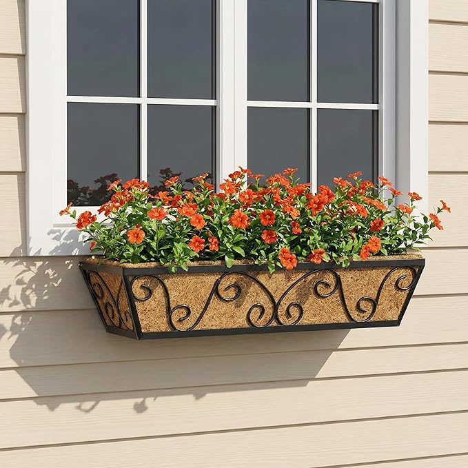 Y&M 24 Inch Window Deck with Coco Liner, Fence Metal Hanging Flower Planter Window Basket Deck Railing Planter Boxes for Outdoor Garden Lawn-Butterfly,4pcs