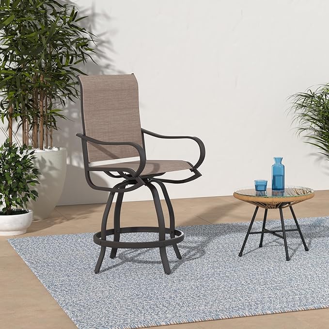 PHI Villa Outdoor Swivel Bar Stools Set of 2, Counter Height Patio Chairs with Waterproof Textile Fabric Brown, Rustproof Metal Frame & Circular Footrest for Poolside, Garden, Yard