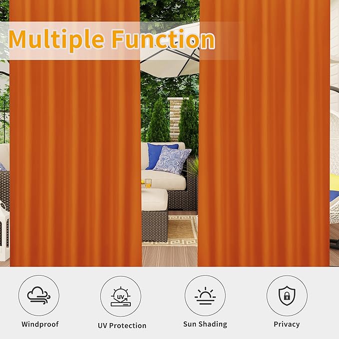 Easy-Going Outdoor Patio Curtains Detachable Tab Top Windproof Weatherproof Curtain for Cabana, Porch, Pergola and Gazebo, Tab Bottom Drape, 2 Panels, 54W x 84L inch, Orange