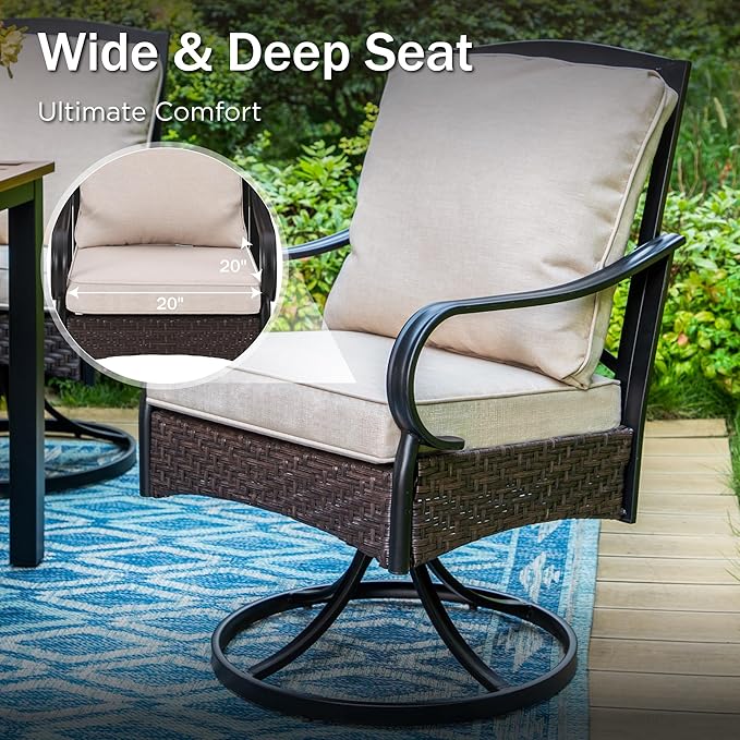 PHI VILLA 5-Piece Outdoor Dining Set, Heavy Duty Patio Table and Chairs Set with Umbrella Hole for 4, 42" Square Patio Woodgrain Metal Table with Padded Swivel Chairs