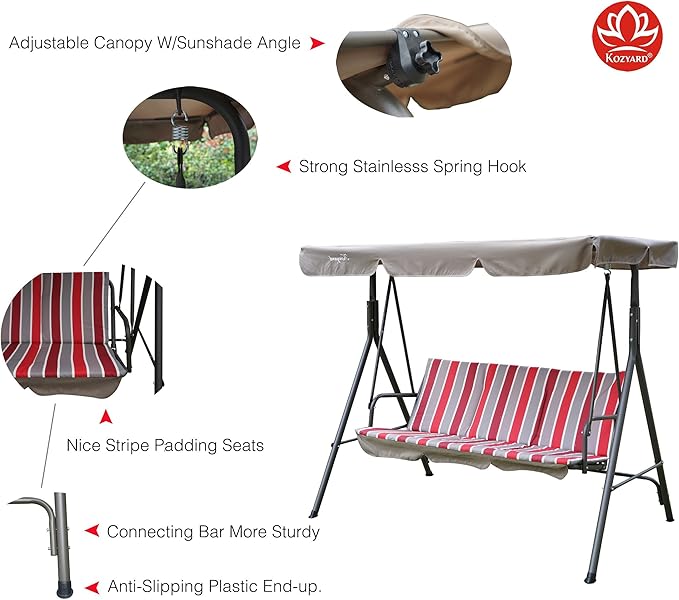 Kozyard Alicia 3-Seat Patio Swing, Outdoor Canopy Swing with Steel Frame, Adjustable Canopy and Removable Cushions for Porch Patio Garden Poolside, Red Stripe