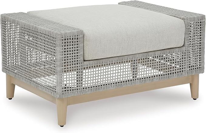 Signature Design by Ashley Seton Creek Casual Nuvella Weather Resistant Fabric Outdoor Ottoman with Cushion, Light Gray & Light Brown