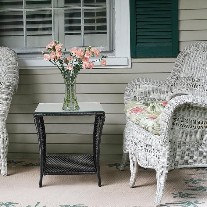 VINGLI Outdoor Wicker Side Table Patio Side Tables for Outside, Tempered Glass Top Wicker Table with Storage End Table for Balcony Porch Deck (Black)