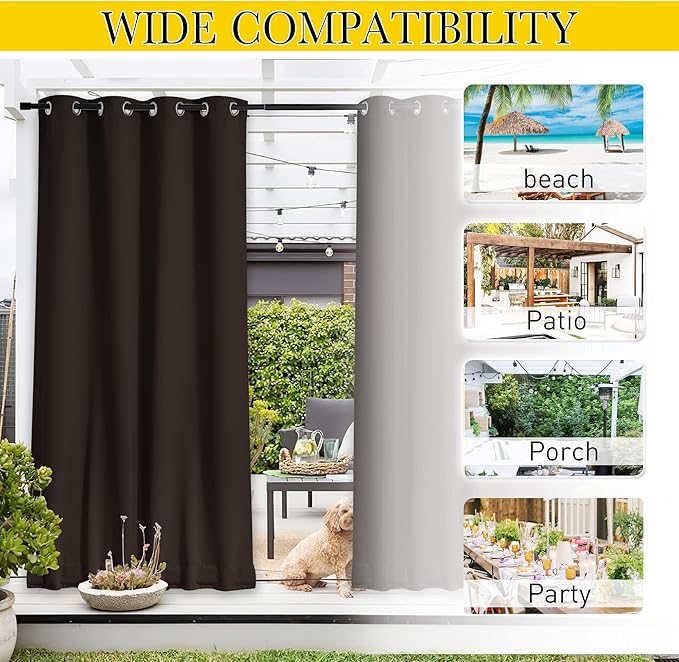 NICETOWN 2 Panels Outdoor Curtains for Patio Waterproof & Windproof, Thermal Insulated Top & Bottom Grommet & Back Tab Sun Blocking Outdoor Drapes with Fixed Rope for Gazebo, Toffee Brown, W66 x L90
