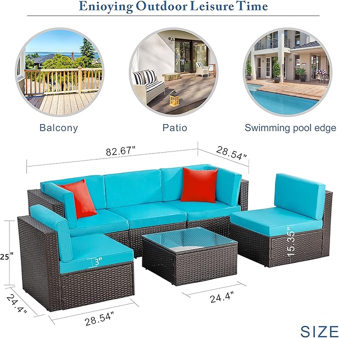 Vongrasig 6 Piece Small Patio Furniture Sets, Outdoor Sectional Sofa All Weather PE Wicker Patio Sofa Couch Garden Backyard Conversation Set with Glass Table,Blue Cushions and Red Pillows (Blue)