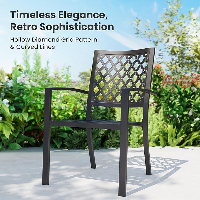 PHI VILLA 5 Pieces Outdoor Dining Set for 4, 37" Square Metal Table with Polywood Top & Stackable Wrought Iron Chairs, Outside Furniture for Patio, Deck, Porch, Backyard