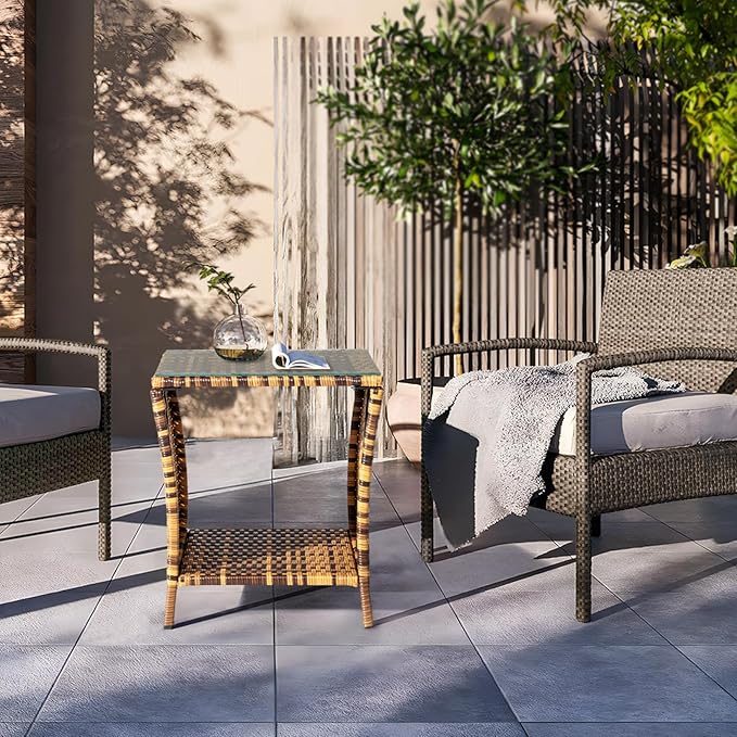 VINGLI Outdoor Wicker Side Table Patio Side Tables for Outside, Tempered Glass Top Wicker Table with Storage End Table for Balcony Porch Deck (Natural)