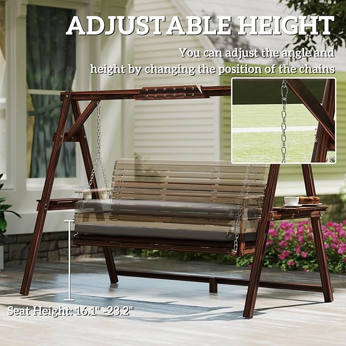 Outsunny 3 Seat Porch Swing with Stand, Wooden Patio Swing Chair with Cushion, Side Trays and Metal Chains, Outdoor Bench for Garden, Poolside, Backyard, Carbonized Brown