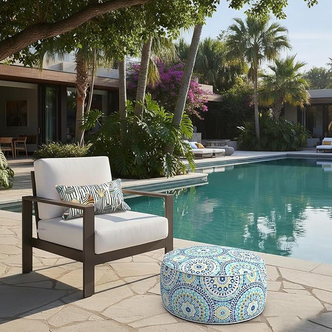 LVTXIII Indoor/Outdoor Inflatable Ottoman with Handle D21 x H9 Inch, Weather-Resistant Round Footstool Pouf for Patio Camping Living Room, Portable Footrest Extra Seating, Delancey Lagoon