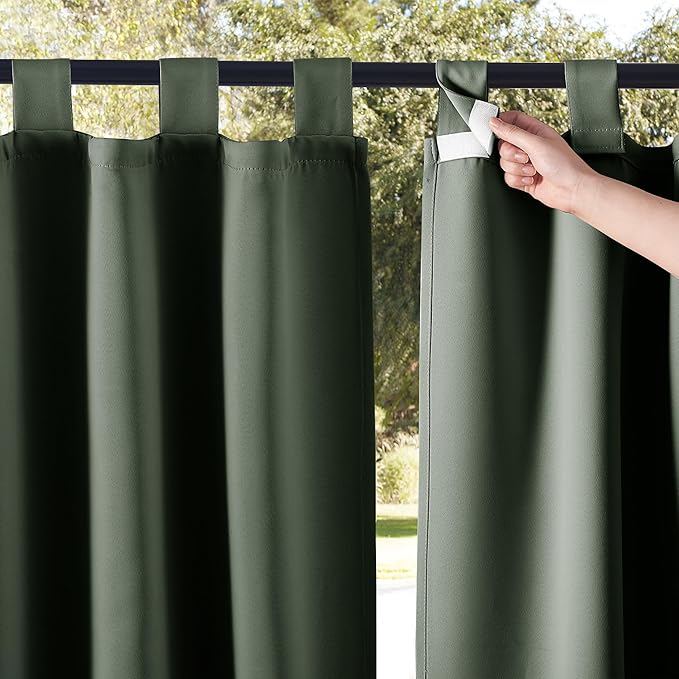 NICETOWN 2 Panels Greyish Green Outdoor Curtainss for Patio Waterproof, Detachable Sticky Tab Top Blackout Indoor Outdoor Blinds Heat & Cold Blocking Privacy for Gazebo/Porch, W52 x L95