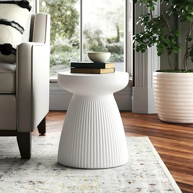 Christopher Knight Home Luce Round Side Table, Outdoor Concrete End Table, Vertical Texture Accent Table, Decorative Side Table, Stylish End Table for Patio Balcony Beach Pool Side, White