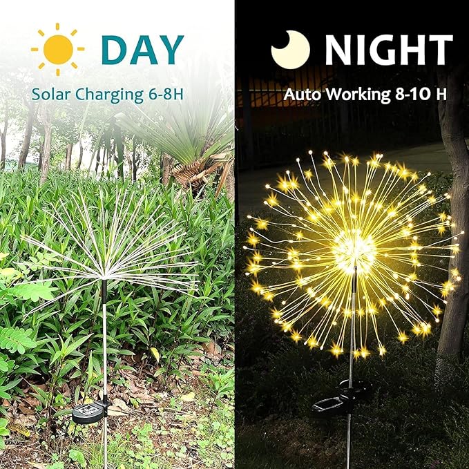 JJGoo Solar Firework Lights, 2 Pack 150 LEDs 2 Lighting Modes Solar Lights Outdoor Waterproof for Garden Patio Walkway Pathway Party Wedding Christmas Decorative - Warm White