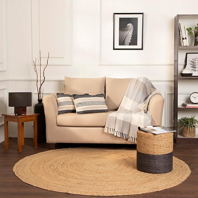 REDEARTH · Cylindrical Pouf Foot Stool Ottoman - Jute Braided Pouffe Poof Accent Sitting Footrest for The Living Room, Bedroom, Nursery, Patio, Lounge & Other Rooms (14.5”X14.5”X16”; Natural Gray)